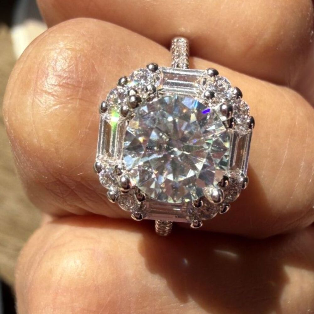 2CT Round Moissanite Baguette Halo Ring Rhodium Plated Size 6 GRA Certified